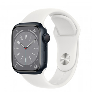 Apple Watch Series 8 // 41мм GPS // Корпус из алюминия цвета "темная ночь", спортивный ремешок белого цвета
