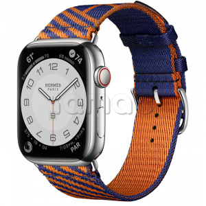 Купить Apple Watch Series 7 Hermès // 45мм GPS + Cellular // Корпус из нержавеющей стали серебристого цвета, ремешок Hermès Simple Tour Jumping цвета Bleu Saphir/Orange