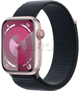 Купить Apple Watch Series 9 // 45мм GPS+Cellular // Корпус из алюминия розового цвета, спортивный браслет цвета "темная ночь"