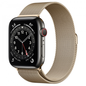 Apple Watch Series 6 // 44мм GPS + Cellular // Корпус из нержавеющей стали графитового цвета, миланский сетчатый браслет золотого цвета