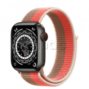 Купить Apple Watch Series 7 // 41мм GPS + Cellular // Корпус из титана цвета «черный космос», спортивный браслет цвета «розовый помело/миндальный»