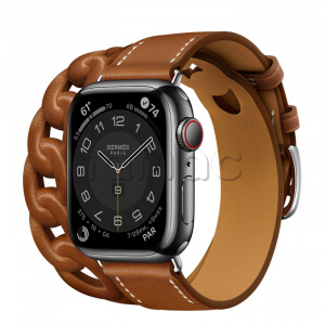 Купить Apple Watch Series 7 Hermès // 41мм GPS + Cellular // Корпус из нержавеющей стали цвета «черный космос», ремешок Double Tour Gourmette из кожи Barénia цвета Fauve