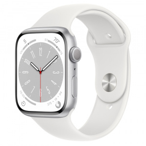 Apple Watch Series 8 // 45мм GPS // Корпус из алюминия серебристого цвета, спортивный ремешок белого цвета