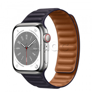 Купить Apple Watch Series 8 // 41мм GPS + Cellular // Корпус из нержавеющей стали серебристого цвета, кожаный браслет чернильного цвета, размер ремешка S/M