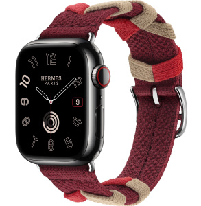 Apple Watch Series 9 Hermès // 41мм GPS+Cellular // Корпус из нержавеющей стали цвета "черный космос", ремешок Bridon Single Tour цвета Rouge H