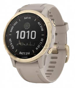 Купить Мультиспортивные часы Garmin Fenix 6S Pro (42mm) Solar, стальной золотистый корпус, песочный силиконовый ремешок