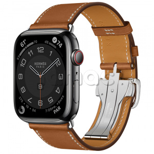 Купить Apple Watch Series 7 Hermès // 45мм GPS + Cellular // Корпус из нержавеющей стали цвета «черный космос», ремешок Single Tour цвета Fauve с раскладывающейся застёжкой (Deployment Buckle)
