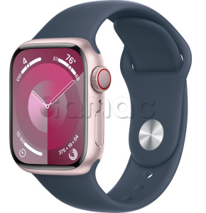 Купить Apple Watch Series 9 // 41мм GPS+Cellular // Корпус из алюминия розового цвета, спортивный ремешок цвета "штормовой синий"