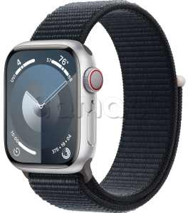 Купить Apple Watch Series 9 // 45мм GPS+Cellular // Корпус из алюминия серебристого цвета, спортивный браслет цвета "темная ночь"