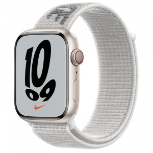 Apple Watch Series 7 // 45мм GPS + Cellular // Корпус из алюминия цвета «сияющая звезда», спортивный браслет Nike цвета «снежная вершина»