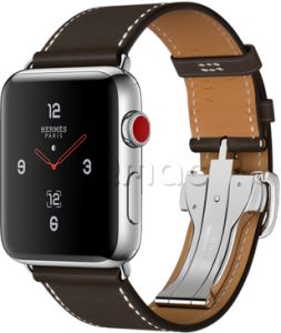 Купить Apple Watch Series 3 Hermès // 42мм GPS + Cellular // Корпус из нержавеющей стали, ремешок Single Tour Deployment Buckle из кожи цвета Ébène Barenia (MQLT2)