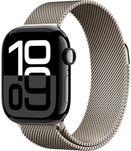 Apple Watch Series 10 // 46мм GPS (Custom) // Черный глянцевый корпус из алюминия, миланский сетчатый браслет натурального цвета