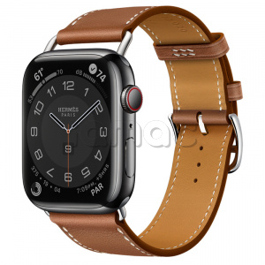 Купить Apple Watch Series 7 Hermès // 45мм GPS + Cellular // Корпус из нержавеющей стали цвета «черный космос», ремешок Single Tour Attelage цвета Gold