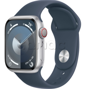 Купить Apple Watch Series 9 // 41мм GPS+Cellular // Корпус из алюминия серебристого цвета, спортивный ремешок цвета "темная ночь"