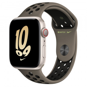 Apple Watch SE // 44мм GPS + Cellular // Корпус из алюминия цвета «сияющая звезда», спортивный ремешок Nike цвета «cерая олива/черный» (2022-2023)