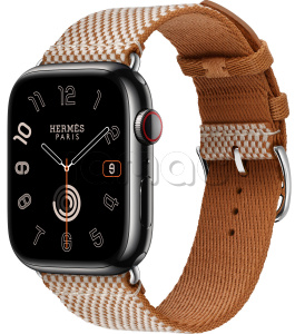Купить Apple Watch Series 9 Hermès // 45мм GPS+Cellular // Корпус из нержавеющей стали цвета "черный космос", ремешок Toile H Single Tour цвета Gold/Ecru