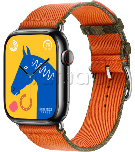 Купить Apple Watch Series 9 Hermès // 45мм GPS+Cellular // Корпус из нержавеющей стали цвета "черный космос", ремешок Twill Jump Single Tour цвета Orange/Kaki