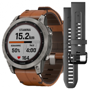 Купить Мультиспортивные часы Garmin Fenix 7 (47mm) Sapphire Solar, серый титановый корпус, коричневый кожаный ремешок