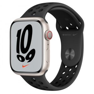 Apple Watch Series 7 // 45мм GPS + Cellular // Корпус из алюминия цвета «сияющая звезда», спортивный ремешок Nike цвета «антрацитовый/чёрный»