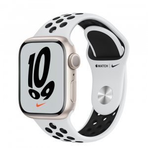 Apple Watch Series 7 // 41мм GPS // Корпус из алюминия цвета «сияющая звезда», спортивный ремешок Nike цвета «чистая платина/чёрный»