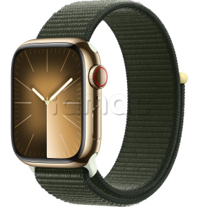 Купить Apple Watch Series 9 // 41мм GPS+Cellular // Корпус из нержавеющей стали золотого цвета, спортивный браслет цвета "зеленый кипарис"