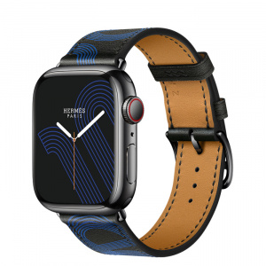 Apple Watch Series 7 Hermès // 41мм GPS + Cellular // Корпус из нержавеющей стали цвета «черный космос», ремешок Single Tour Circuit H цвета Noir/Bleu Électrique