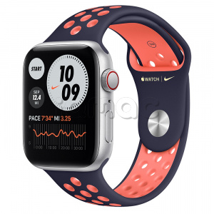 Купить Apple Watch SE // 44мм GPS + Cellular // Корпус из алюминия серебристого цвета, спортивный ремешок Nike цвета «Полночный синий/манго» (2020)