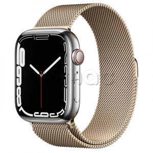 Купить Apple Watch Series 7 // 45мм GPS + Cellular // Корпус из нержавеющей стали серебристого цвета, миланский сетчатый браслет золотого цвета