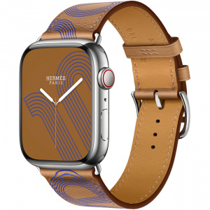 Apple Watch Series 7 Hermès // 45мм GPS + Cellular // Корпус из нержавеющей стали серебристого цвета, ремешок Single Tour Circuit H цвета Biscuit/Bleu Électrique