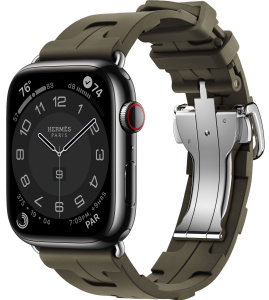 Apple Watch Series 9 Hermès // 45мм GPS+Cellular // Корпус из нержавеющей стали цвета "черный космос", ремешок Kilim Single Tour цвета Kaki с раскладывающейся застёжкой (Deployment Buckle)