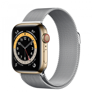 Apple Watch Series 6 // 40мм GPS + Cellular // Корпус из нержавеющей стали золотого цвета, миланский сетчатый браслет серебристого цвета