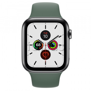 Apple Watch Series 5 // 44мм GPS + Cellular // Корпус из нержавеющей стали цвета «серый космос», спортивный ремешок цвета «сосновый лес»