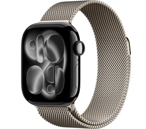 Apple Watch Series 11 // 42мм GPS+Cellular // Черный глянцевый корпус из алюминия, миланский сетчатый браслет натурального цвета