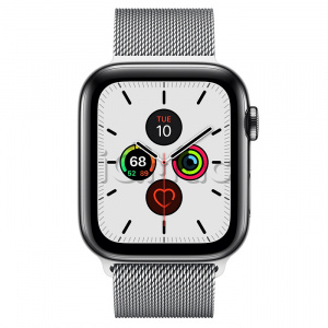 Apple Watch Series 5 // 44мм GPS + Cellular // Корпус из нержавеющей стали цвета «серый космос», миланский сетчатый браслет серебристого цвета