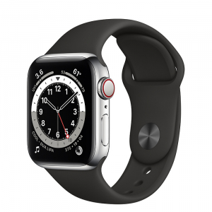 Apple Watch Series 6 // 40мм GPS + Cellular // Корпус из нержавеющей стали серебристого цвета, спортивный ремешок черного цвета