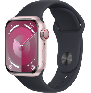 Apple Watch Series 9 // 41мм GPS+Cellular // Корпус из алюминия розового цвета, спортивный ремешок цвета "темная ночь"
