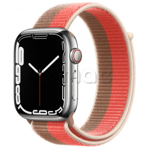 Купить Apple Watch Series 7 // 45мм GPS + Cellular // Корпус из нержавеющей стали серебристого цвета, спортивный браслет цвета «розовый помело/миндальный»