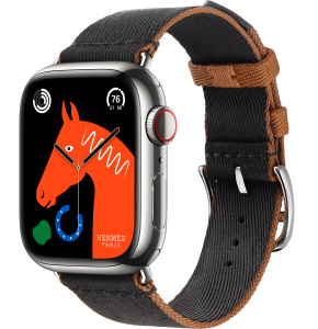 Apple Watch Series 9 Hermès // 41мм GPS+Cellular // Корпус из нержавеющей стали серебристого цвета, ремешок Twill Jump Single Tour цвета Noir/Gold