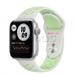 Купить Apple Watch Series 6 // 40мм GPS // Корпус из алюминия серебристого цвета, спортивный ремешок Nike цвета «Еловая дымка/пастельный зелёный»