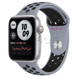 Купить Apple Watch SE // 44мм GPS + Cellular // Корпус из алюминия серебристого цвета, спортивный ремешок Nike цвета «Дымчатый серый/чёрный» (2020)