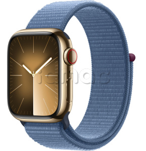 Купить Apple Watch Series 9 // 41мм GPS+Cellular // Корпус из нержавеющей стали золотого цвета, спортивный браслет цвета "синяя зима"