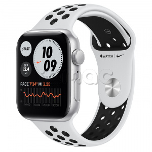 Купить Apple Watch SE // 44мм GPS // Корпус из алюминия серебристого цвета, спортивный ремешок Nike цвета «Чистая платина/чёрный»
