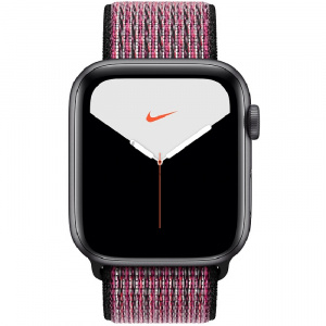Купить Apple Watch Series 5 // 44мм GPS // Корпус из алюминия цвета «серый космос», спортивный браслет Nike цвета «розовый всплеск/пурпурная ягода»