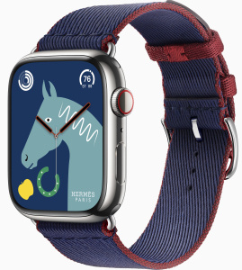 Apple Watch Series 9 Hermès // 45мм GPS+Cellular // Корпус из нержавеющей стали серебристого цвета, ремешок Twill Jump Single Tour цвета Navy/Rouge H