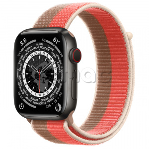 Купить Apple Watch Series 7 // 45мм GPS + Cellular // Корпус из титана цвета «черный космос», спортивный браслет цвета «розовый помело/миндальный»