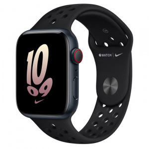 Apple Watch SE // 44мм GPS + Cellular // Корпус из алюминия цвета «тёмная ночь», спортивный ремешок Nike черного цвета (2022-2023)