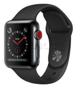 Apple Watch Series 3 // 38мм GPS + Cellular // Корпус из нержавеющей стали, спортивный ремешок черного цвета (MQJW2)