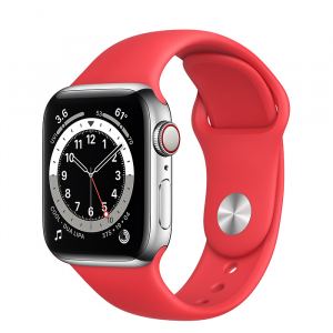 Apple Watch Series 6 // 40мм GPS + Cellular // Корпус из нержавеющей стали серебристого цвета, спортивный ремешок цвета (PRODUCT)RED
