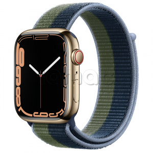 Купить Apple Watch Series 7 // 45мм GPS + Cellular // Корпус из нержавеющей стали золотого цвета, спортивный браслет цвета «синий омут/зелёный мох»
