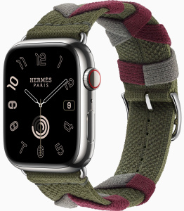 Apple Watch Series 9 Hermès // 45мм GPS+Cellular // Корпус из нержавеющей стали серебристого цвета, ремешок Bridon Single Tour цвета Kaki